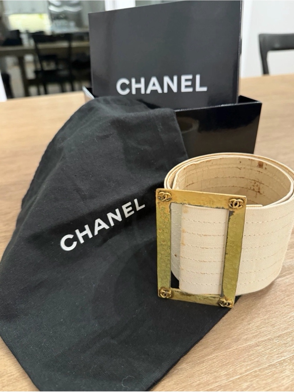 Vintage Chanel Gold Tone Wide Canvas Belt